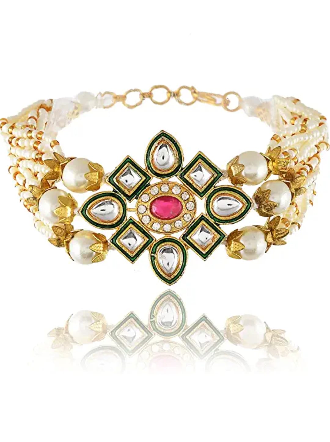 Gold Plated Kundan Pearl Bracelet - Image 2