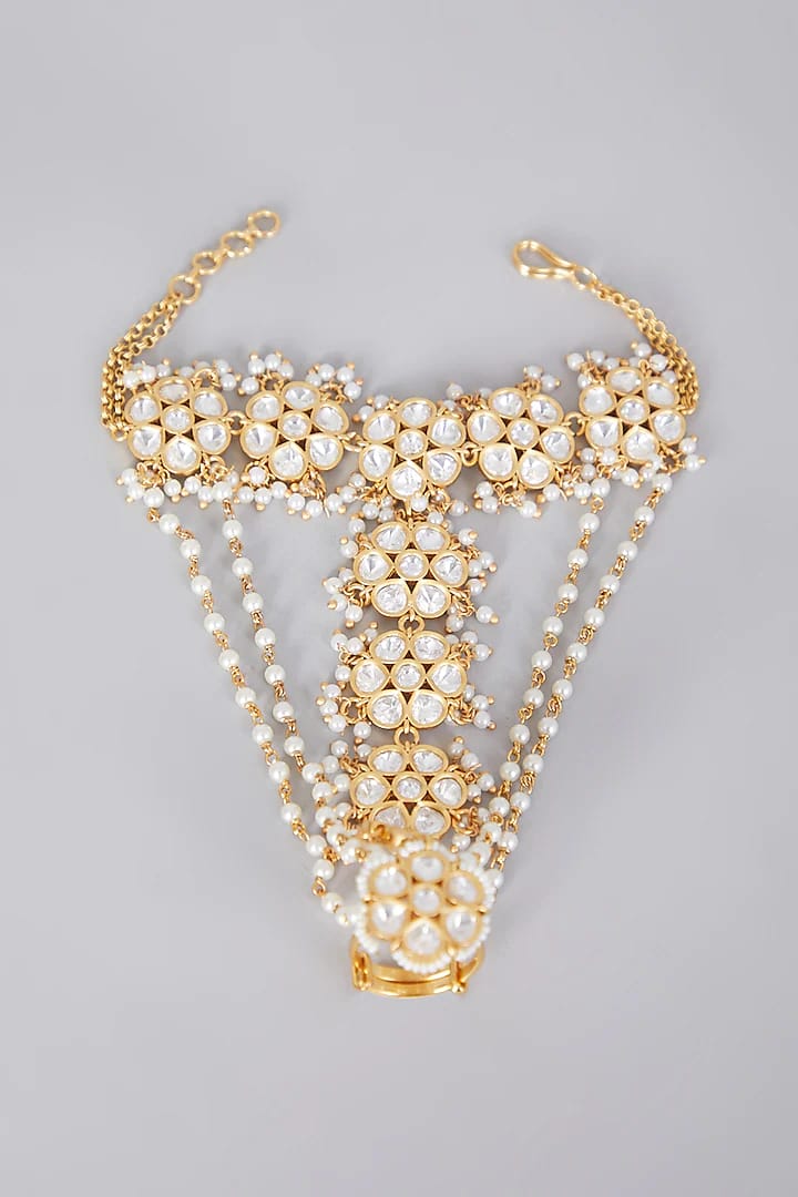 Elegant Kundan Gold Plated White Beads Hand Harness Bracelet (Pack Of 2)