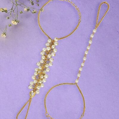 Elegant Kundan Gold Plated White Beads Hand Harness Bracelet (Pack Of 4)