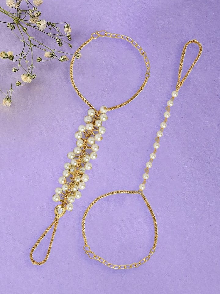 Elegant Kundan Gold Plated White Beads Hand Harness Bracelet (Pack Of 4)