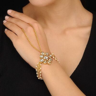 Elegant Kundan Gold Plated White Beads Hand Harness Bracelet (Pack Of 2)