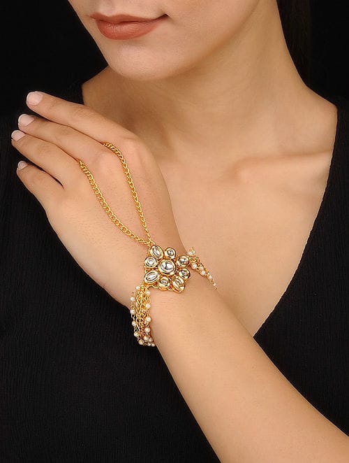 Elegant Kundan Gold Plated White Beads Hand Harness Bracelet (Pack Of 2)