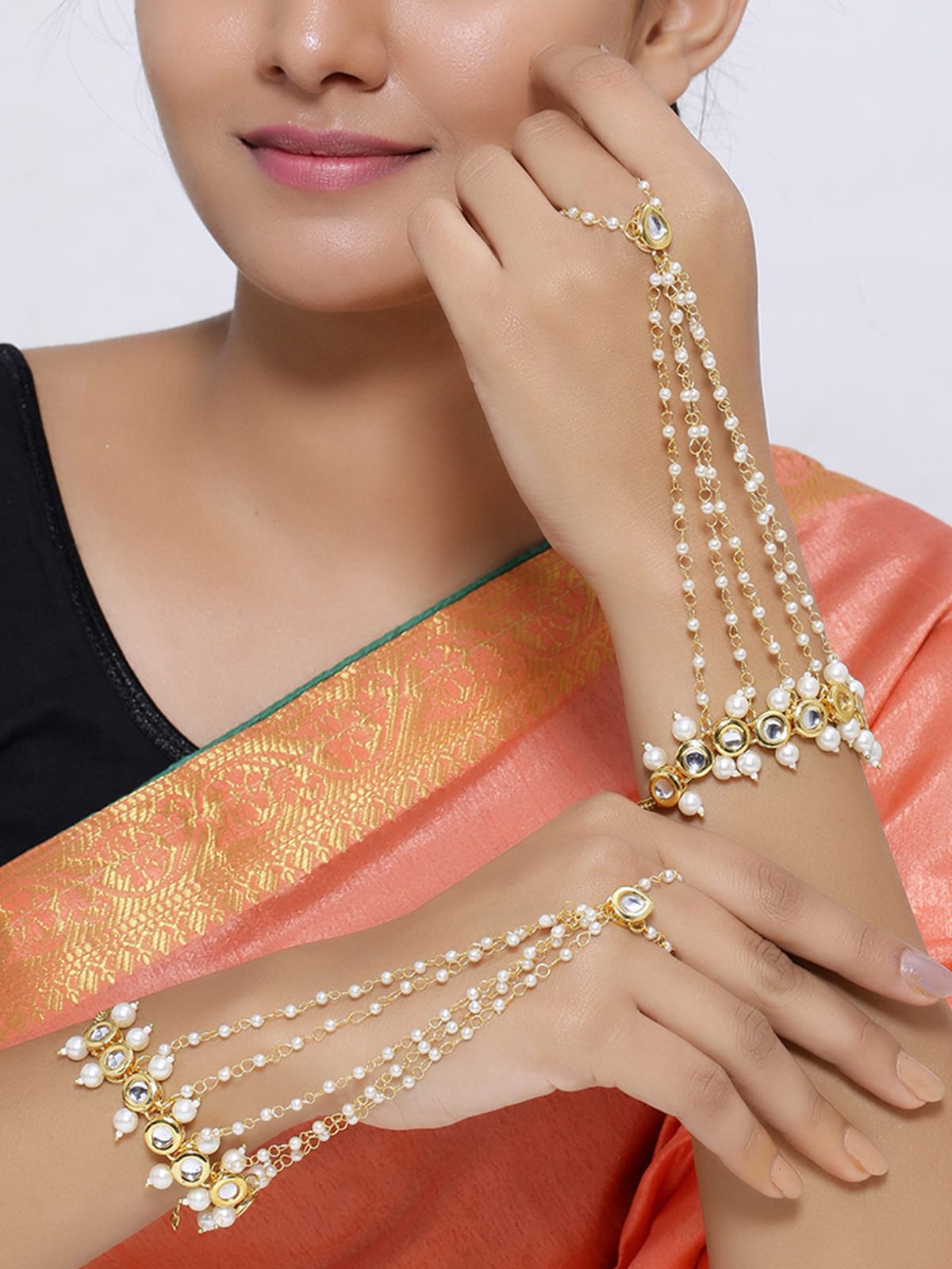 Gold Tone Jadau Kundan Hathphol (Set Of 2) - Image 2