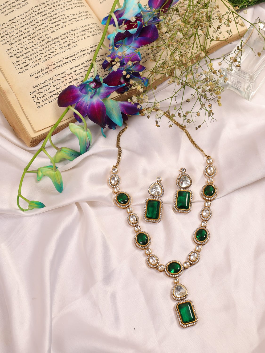 Emarald Geena Moissanite polki Victorian long Necklace set - Image 6