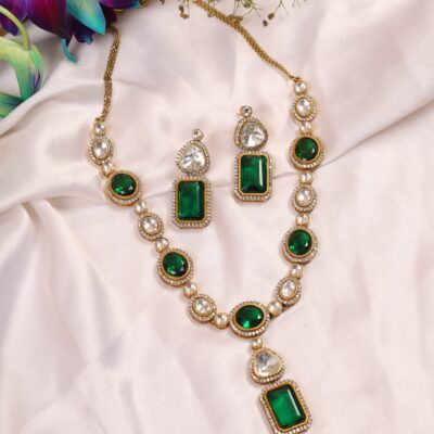 Emarald Geena Moissanite polki Victorian long Necklace set