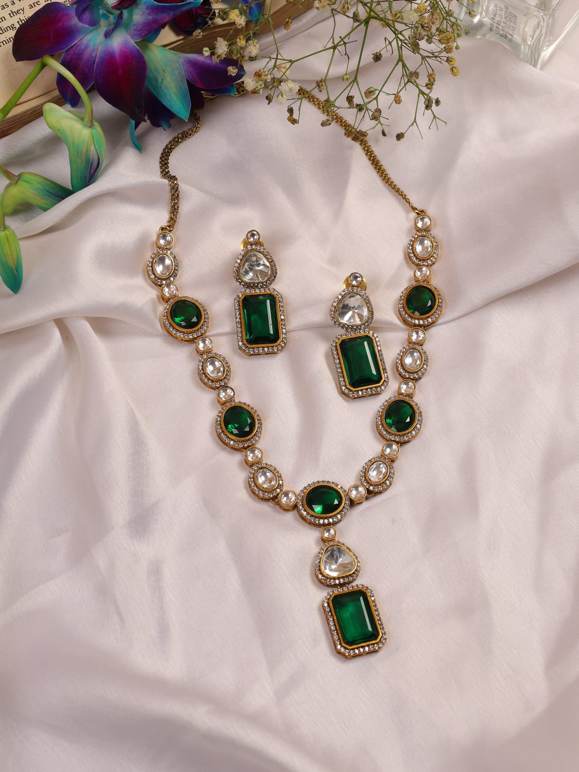Emarald Geena Moissanite polki Victorian long Necklace set - Image 5