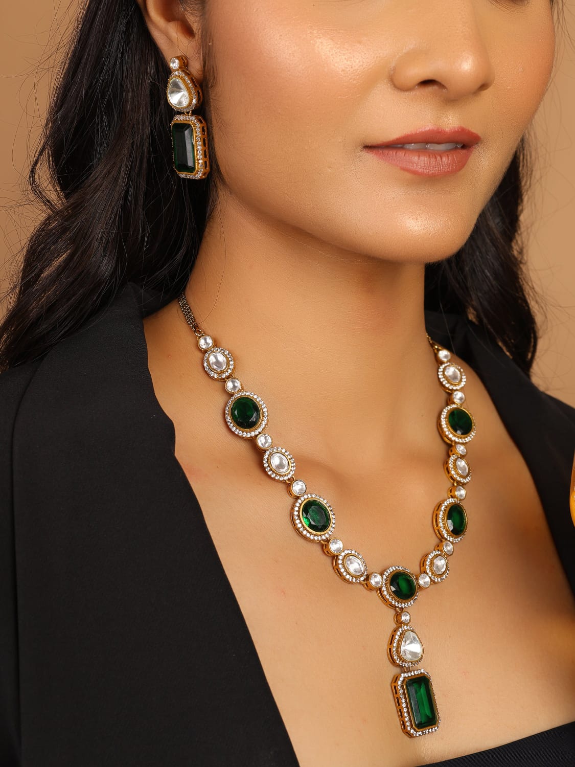 Emarald Geena Moissanite polki Victorian long Necklace set - Image 4