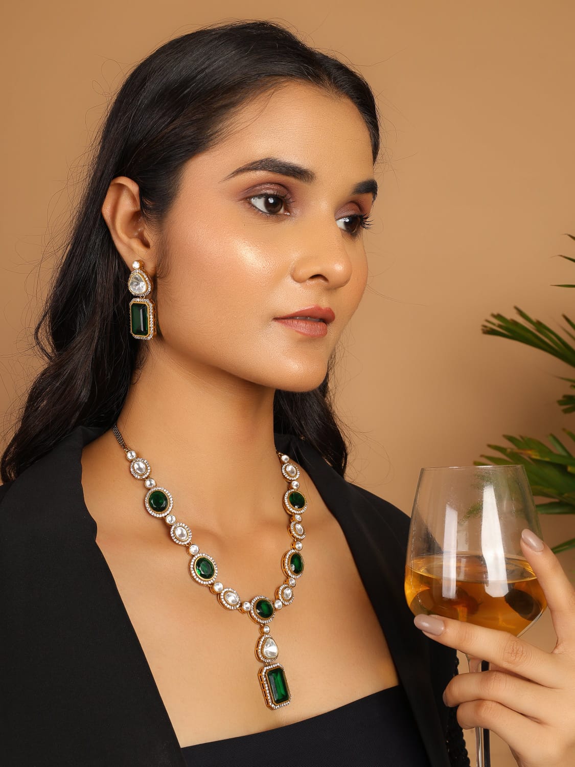 Emarald Geena Moissanite polki Victorian long Necklace set - Image 2