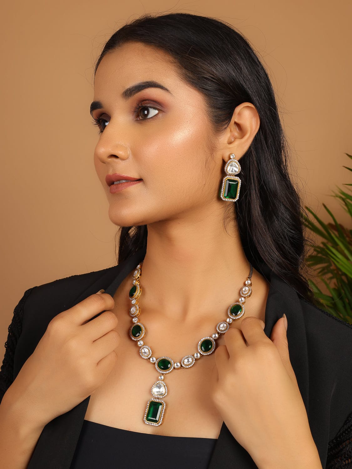 Emarald Geena Moissanite polki Victorian long Necklace set - Image 3