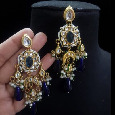 Gold-Plated Kundan & Pearls Studded Drop Earrings