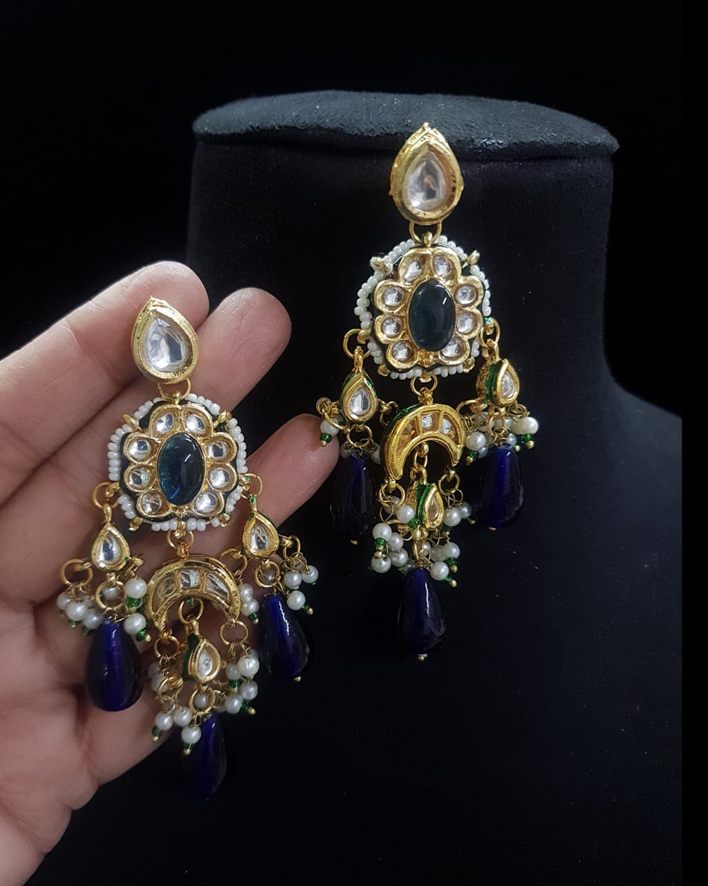 Gold-Plated Kundan & Pearls Studded Drop Earrings