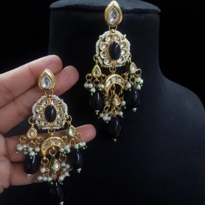 Gold-Plated Kundan & Pearls Studded Drop Earrings
