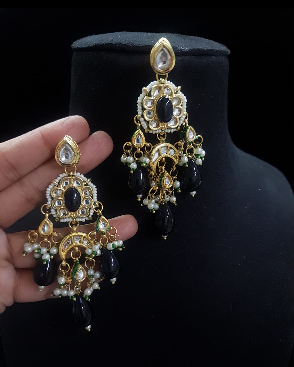 Gold-Plated Kundan & Pearls Studded Drop Earrings