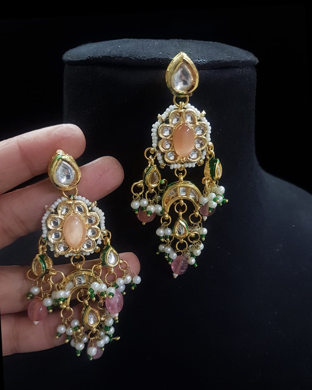 Gold-Plated Kundan & Pearls Studded Drop Earrings