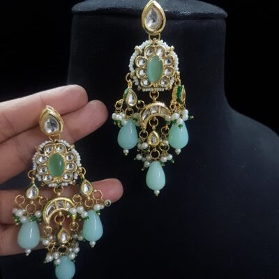 Gold-Plated Kundan & Pearls Studded Drop Earrings