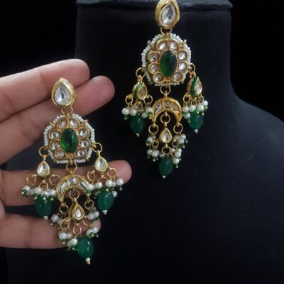 Gold-Plated Kundan & Pearls Studded Drop Earrings
