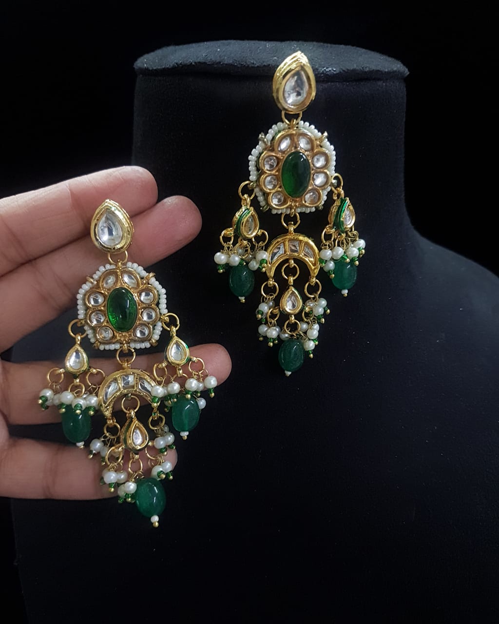 Gold-Plated Kundan & Pearls Studded Drop Earrings