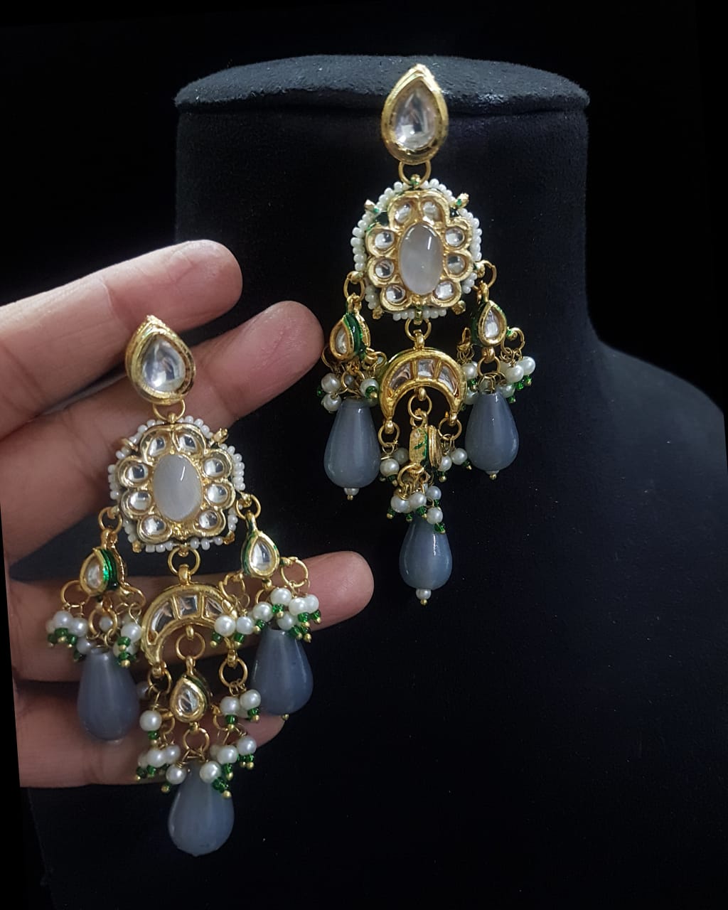 Gold-Plated Kundan & Pearls Studded Drop Earrings