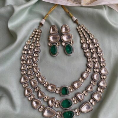 Sabyasachi Inspired Premium Victorian Three Layered Uncut Faux Moissanite Polki Kundan Emerald Green Doublet Diamond Long Necklace Earrings