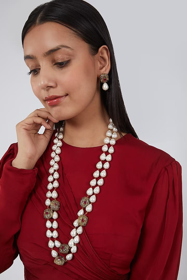 Two Tone Finish Kundan Polki & Pearls Necklace Set - Image 2