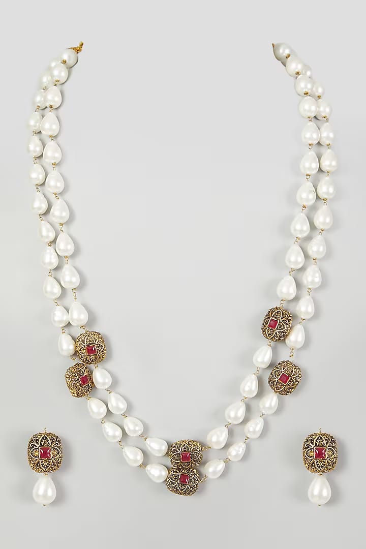 Two Tone Finish Kundan Polki & Pearls Necklace Set