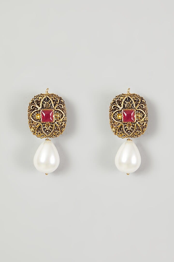 Two Tone Finish Kundan Polki & Pearls Necklace Set - Image 3