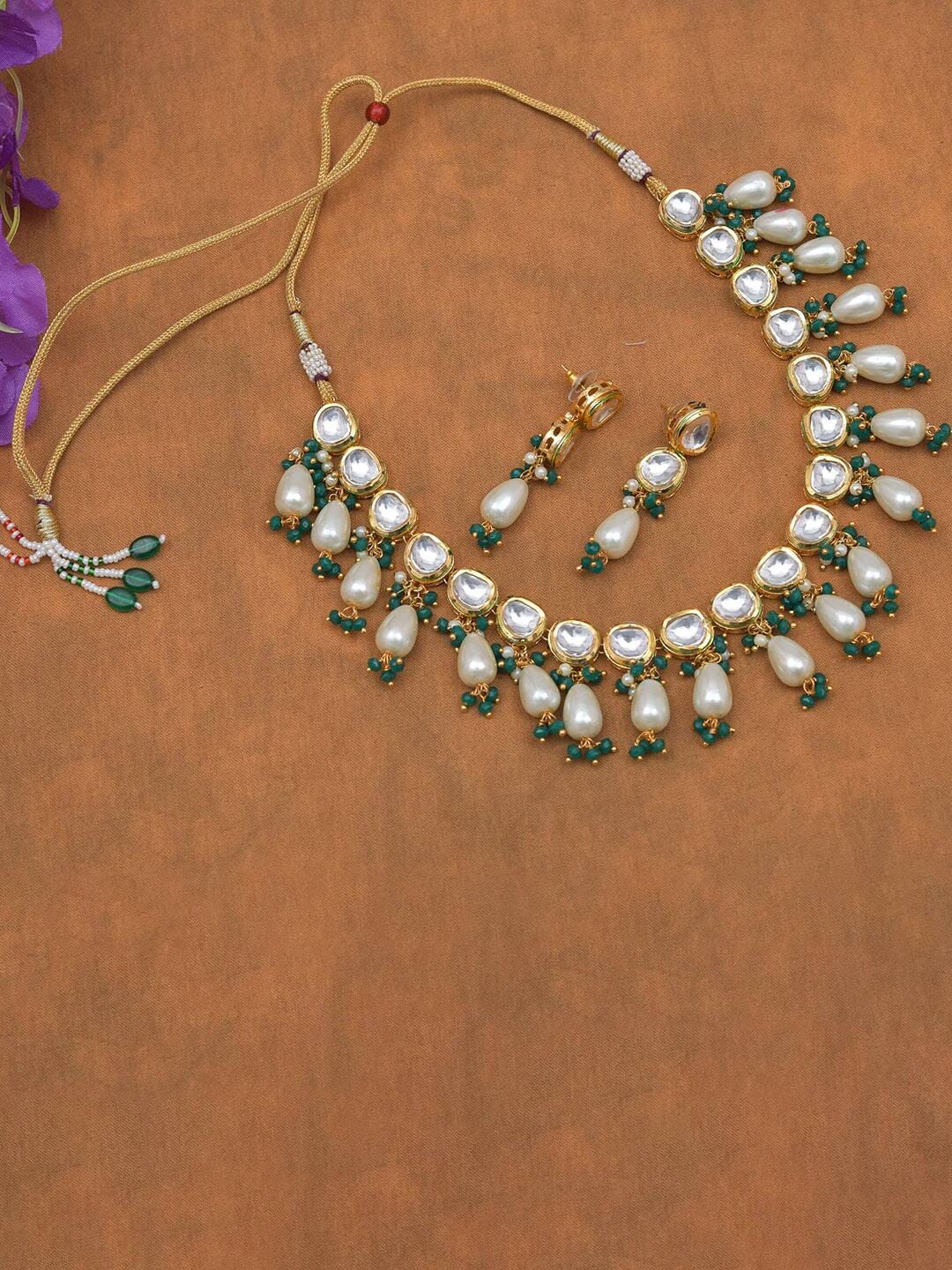 Green Gold-Plated Stone-Studded Beaded Jewellery Set