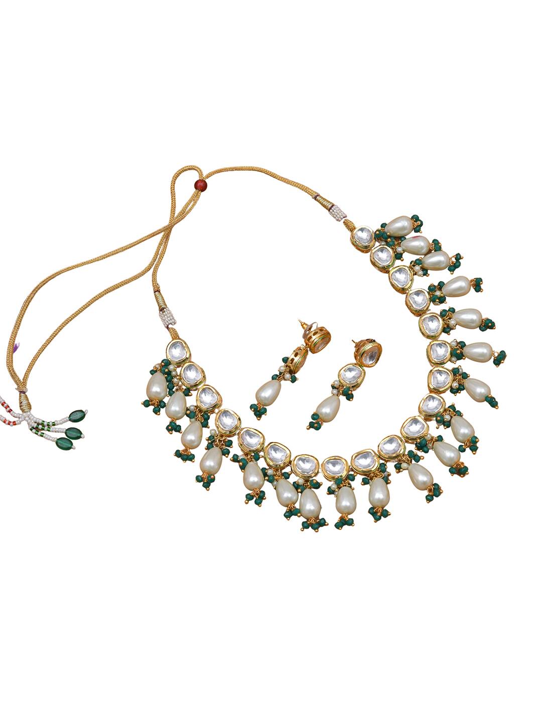 Green Gold-Plated Stone-Studded Beaded Jewellery Set - Image 7