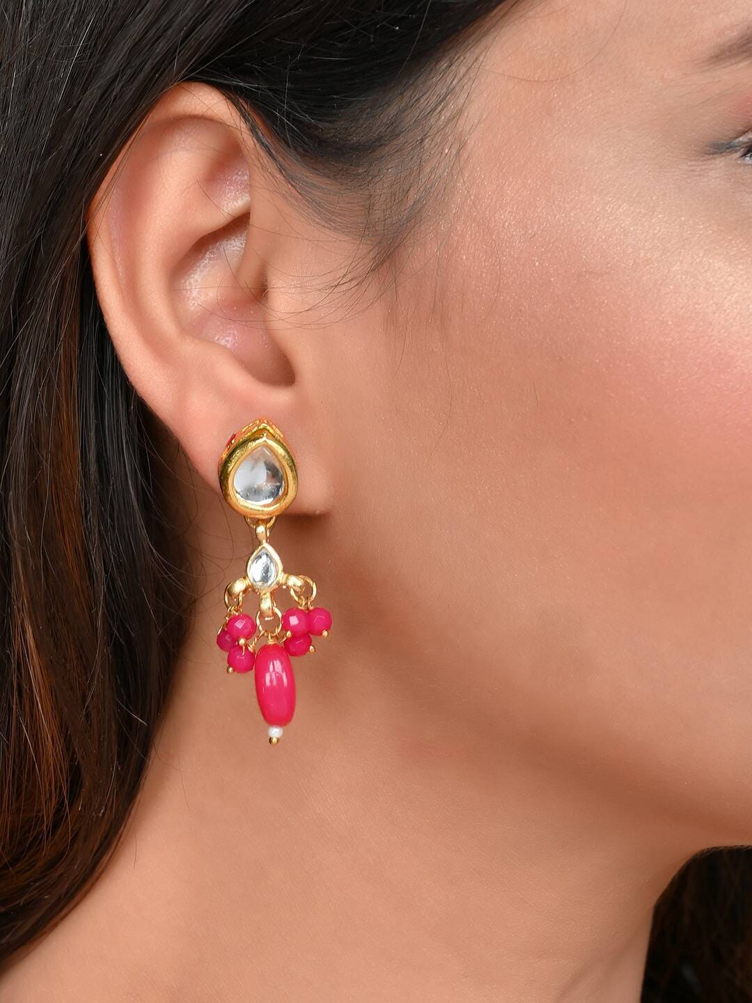 Gold-Plated Pink & White Kundan Studded & Beaded Jewellery Set - Image 3