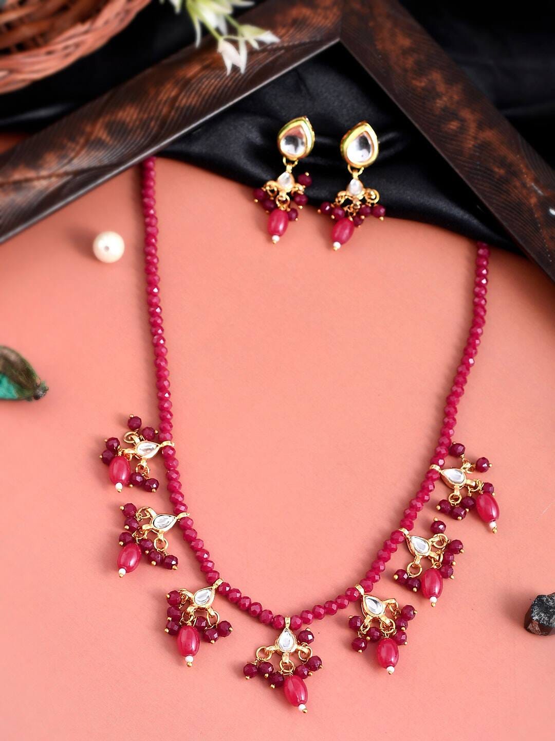 Gold-Plated Pink & White Kundan Studded & Beaded Jewellery Set