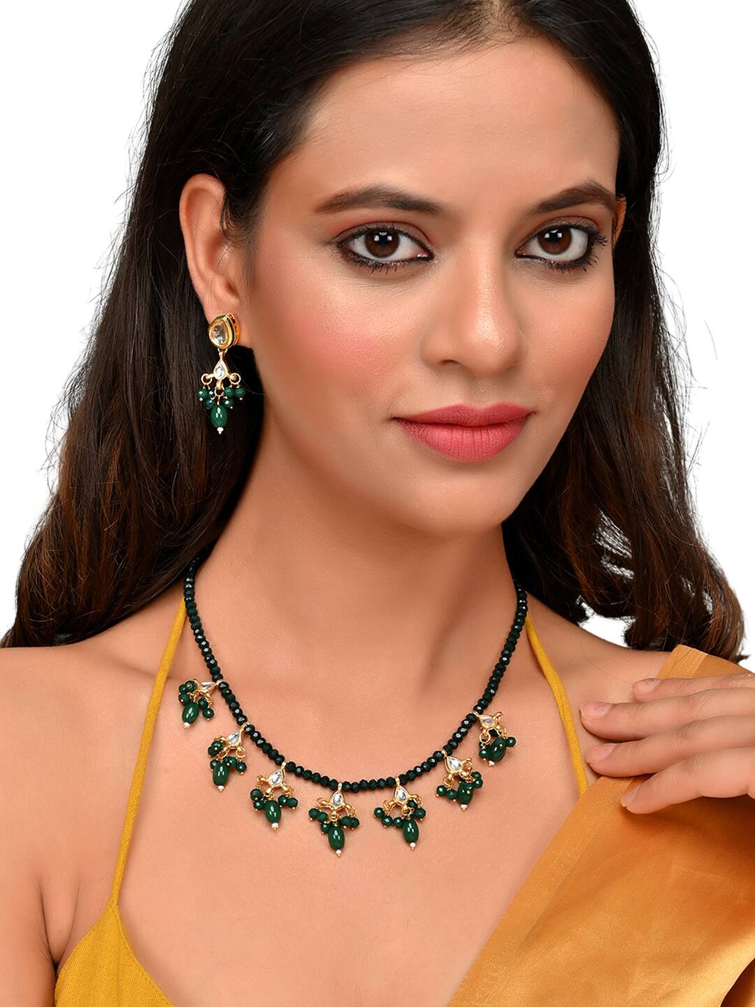 Gold-Plated Green & White Kundan Studded & Beaded Jewellery Set - Image 2