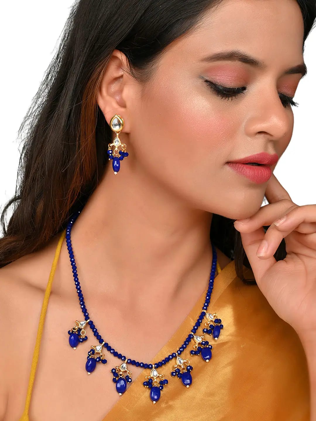 Gold-Plated Blue & White Kundan Studded & Beaded Jewellery Set - Image 3