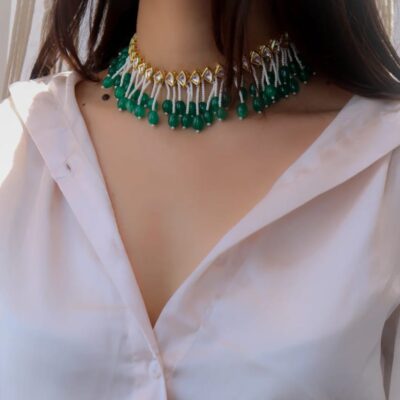 Jadau Kundan With Emarald Green  Stone Necklace