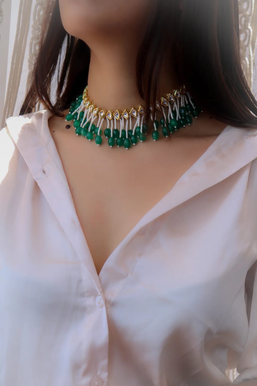 Jadau Kundan With Emarald Green Stone Necklace