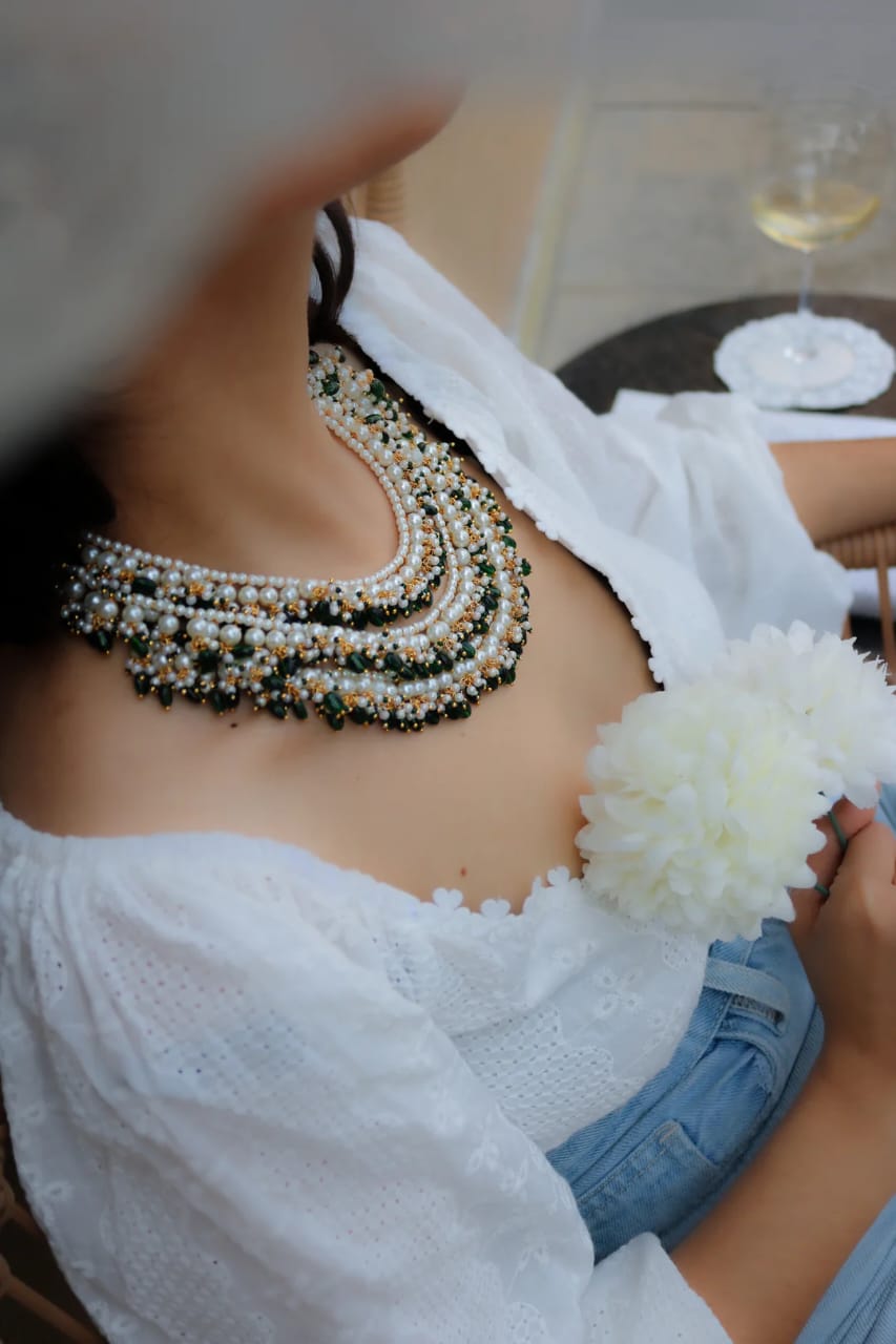 Pearl & Emarald Green Stone Necklace