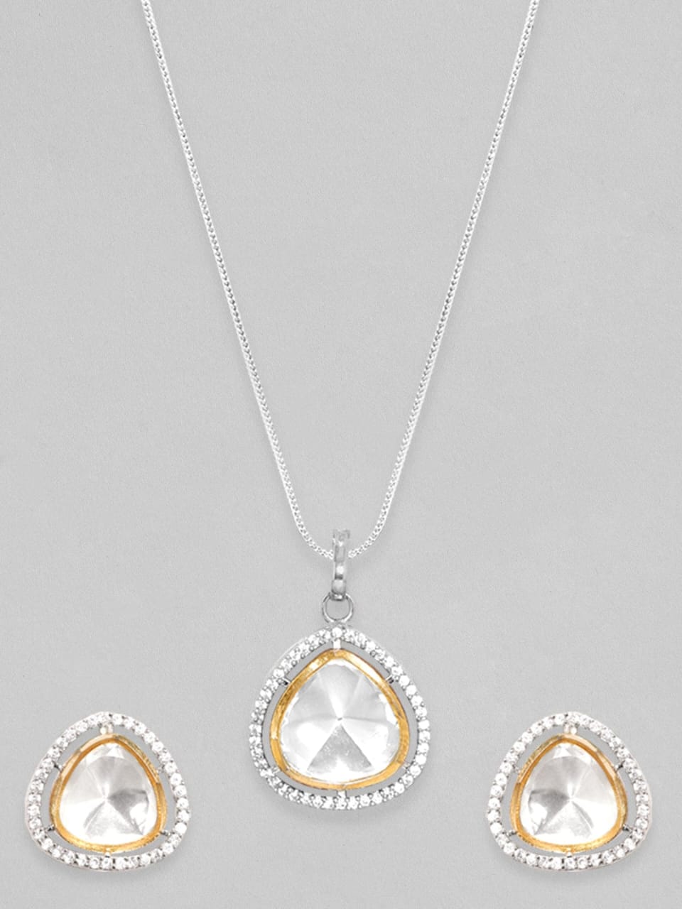 Rhodium Plated Polki & Zirconia Studded Minimal Tear Drop Pendant Set - Image 4