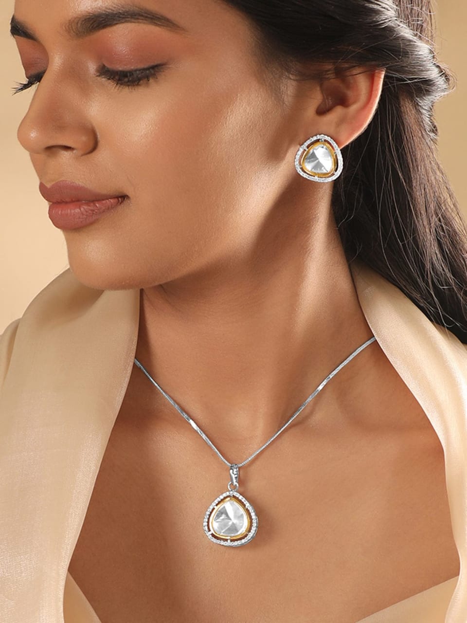 Rhodium Plated Polki & Zirconia Studded Minimal Tear Drop Pendant Set - Image 2