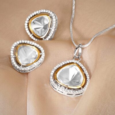 Rhodium Plated Polki & Zirconia Studded Minimal Tear Drop Pendant Set