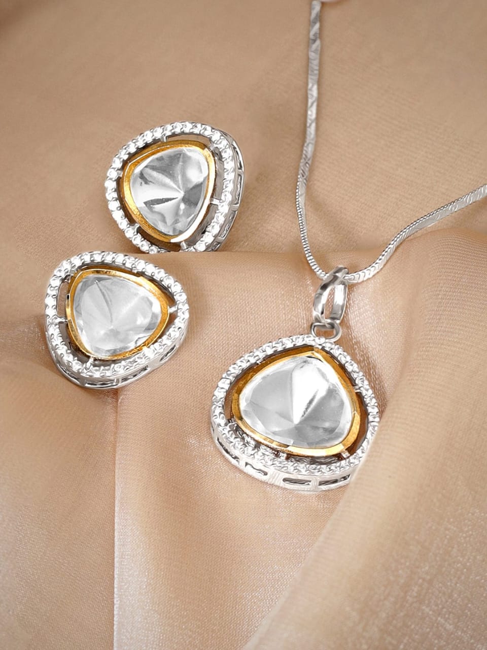 Rhodium Plated Polki & Zirconia Studded Minimal Tear Drop Pendant Set