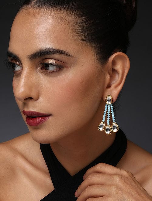 Gold Plated Embellished Kundan Bead Earrings - Image 2