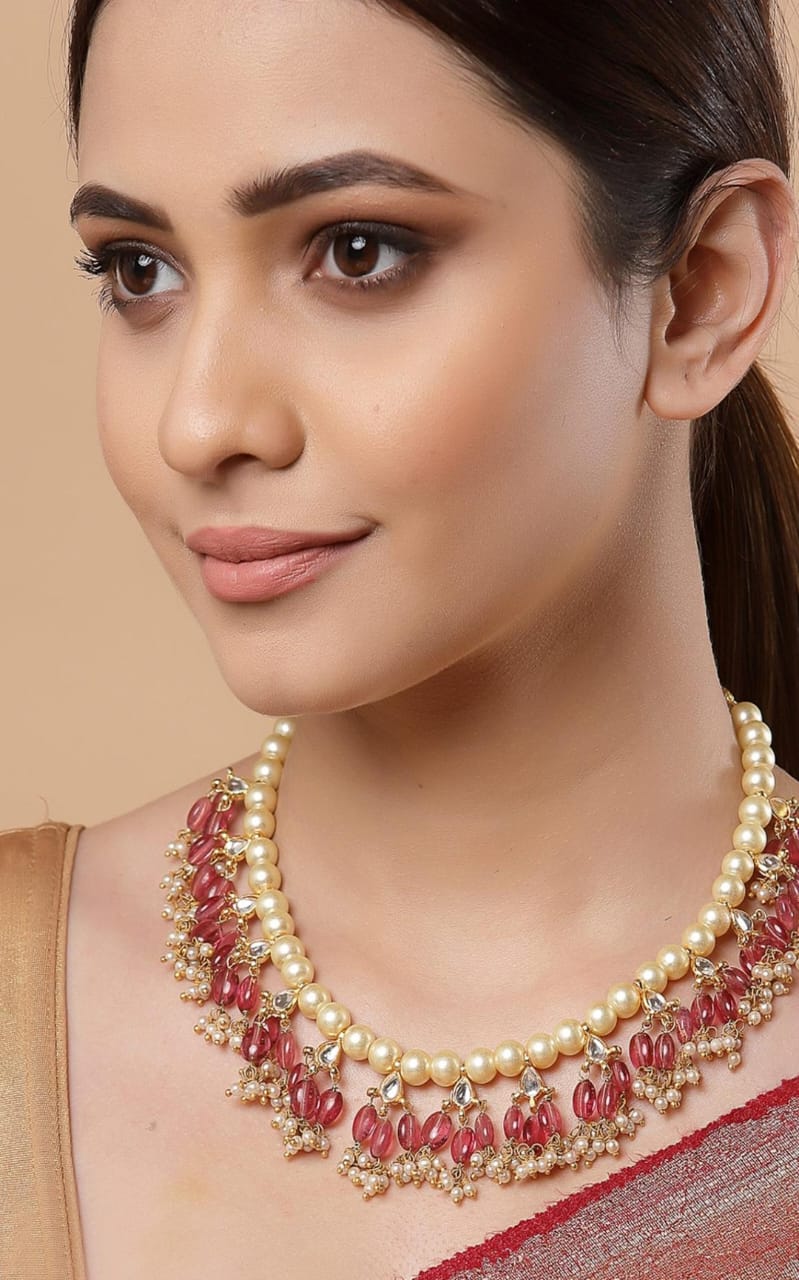 Embellished Ruby Red Stone Necklace Set - Image 2