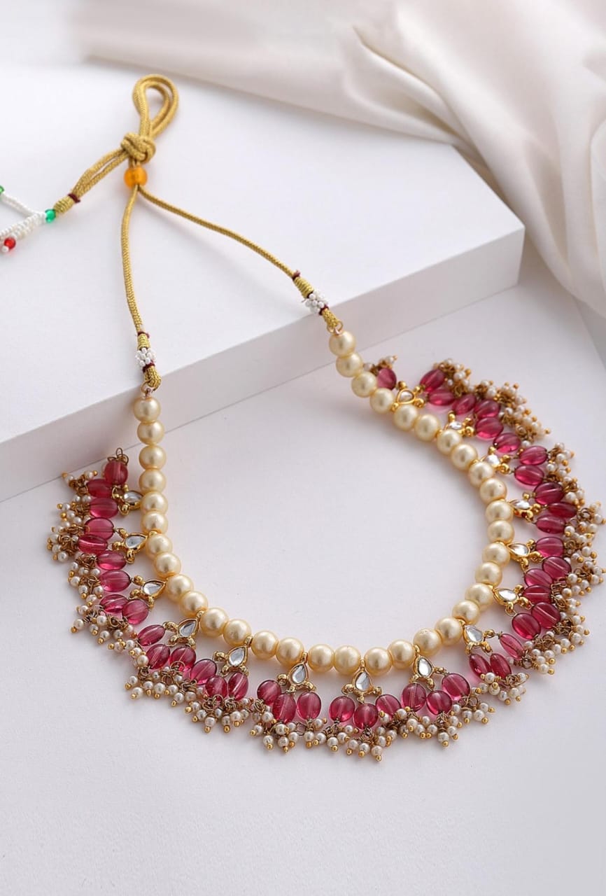 Embellished Ruby Red Stone Necklace Set