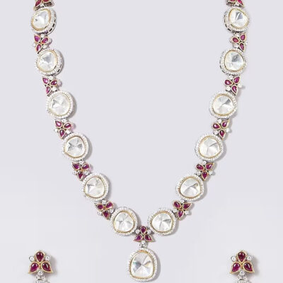 Embellished Silver Foil Polki Necklace Set