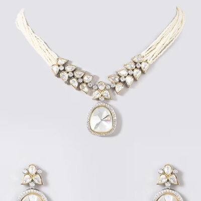 Embellished Silver Foil Polki Necklace Set