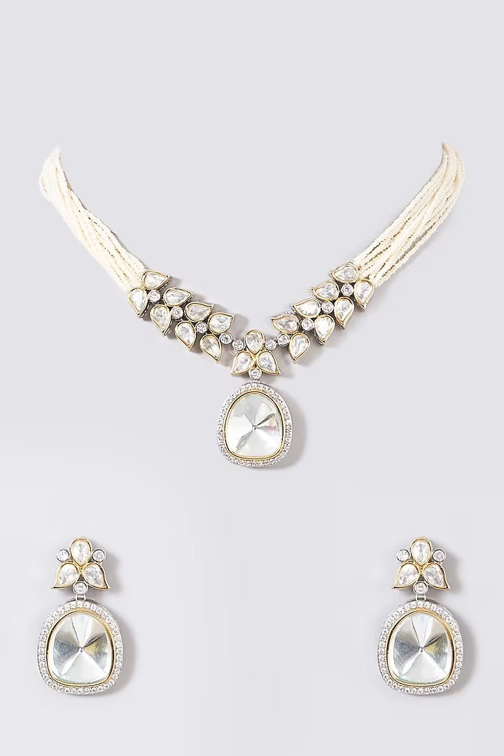 Embellished Silver Foil Polki Necklace Set