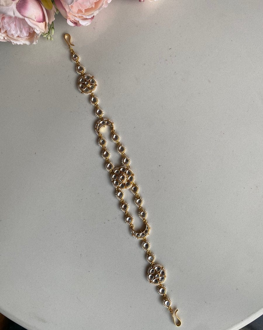 Gold Plated Green Sun Flower Design Kundan Mathapatti