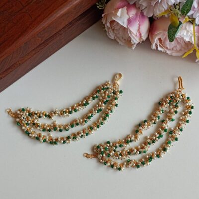 Delicate Pearl & Kundan Ear Chain With Green Beads