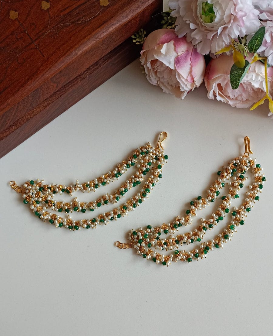 Delicate Pearl & Kundan Ear Chain With Green Beads - Image 2