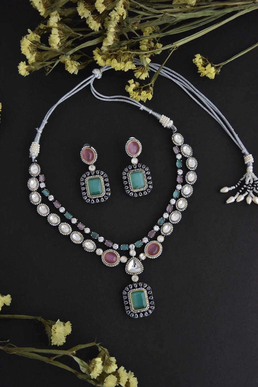 Two-Tone Finish Kundan Polki & Crystal Necklace Set - Image 4