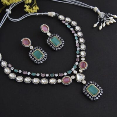 Two-Tone Finish Kundan Polki & Crystal Necklace Set